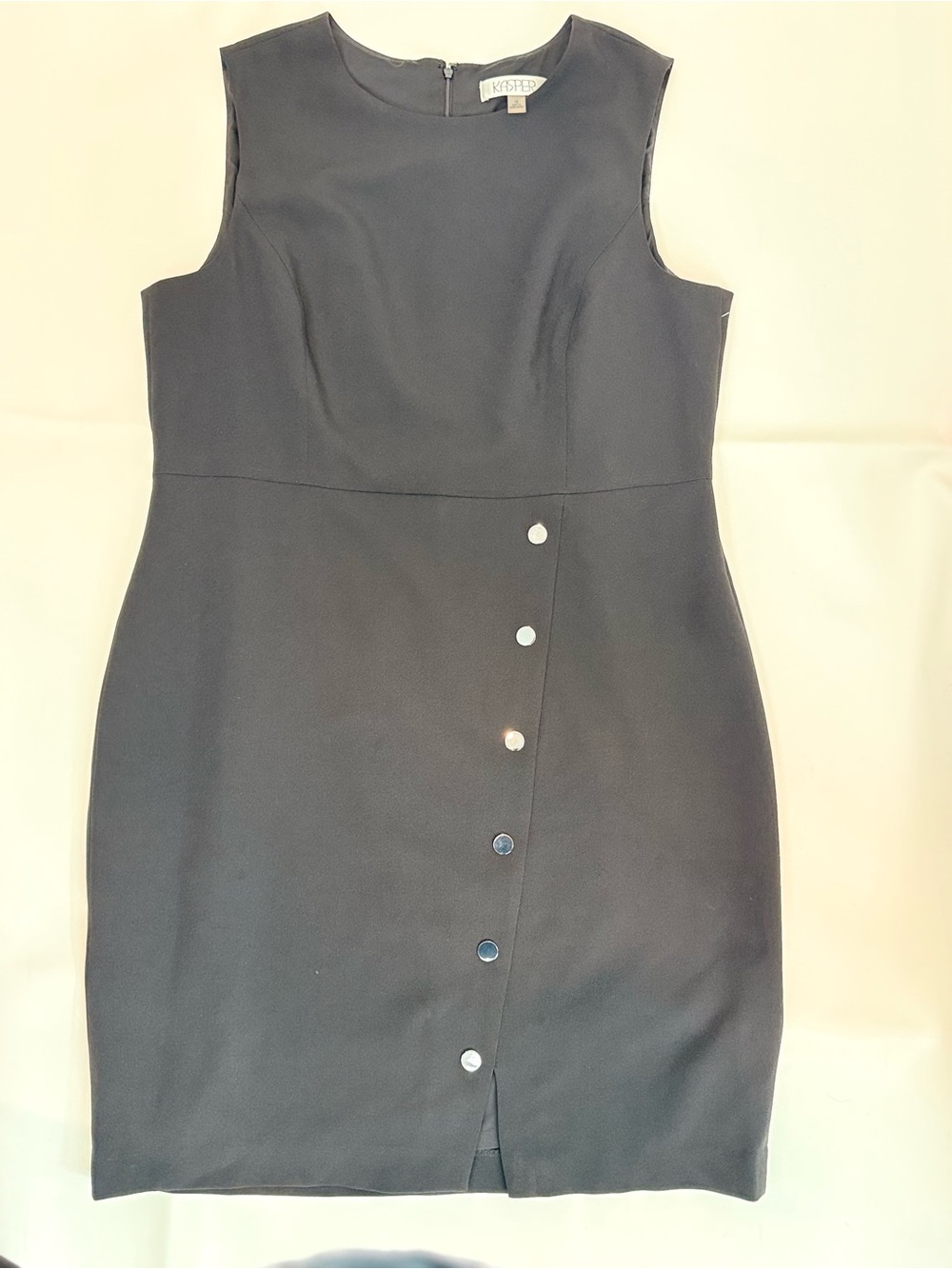 Kasper Black Sleeveless Midi Sheath Dress with Asymmetrical Button Detail